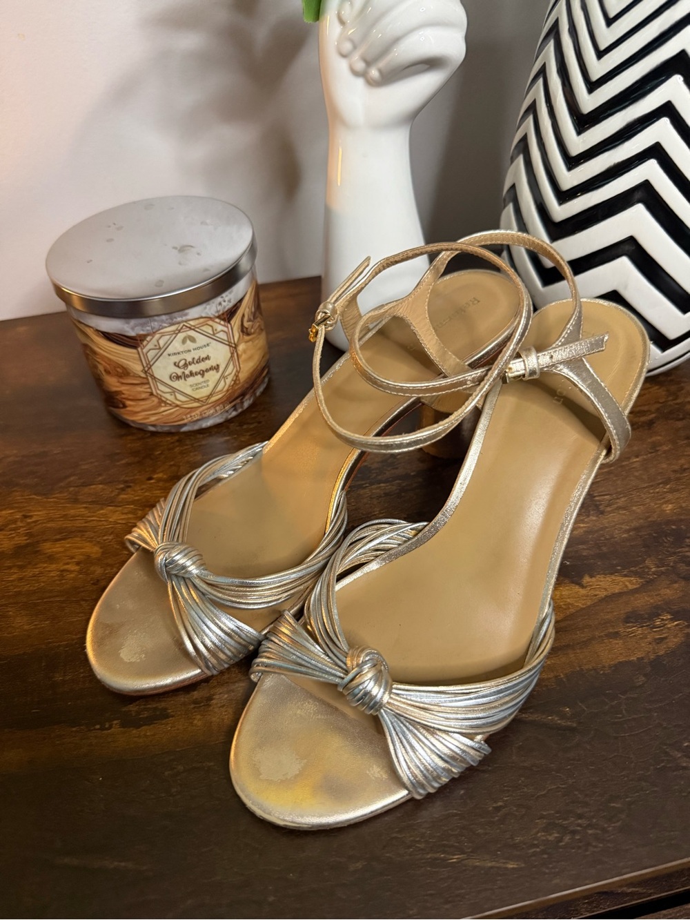Reformation Metallic Gold Knotted Ankle-Strap Heels - Picture 1 of 8